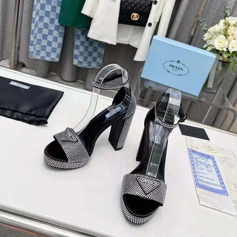 Prada Satin Platform Sandals with Crystals for Women in Black Prada Satin Platform Sandals with Crystals for Women in Black