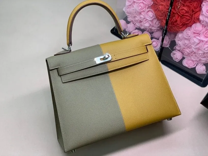Hermes Kelly 28 Sellier Epsom Bag Grey in Yellow Hermes Kelly 28 Sellier Epsom Bag Grey in Yellow