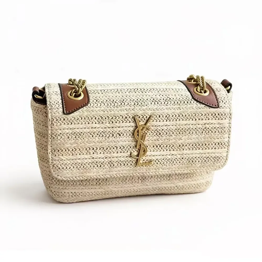 Saint Laurent YSL Niki Small Chain Bag in Raffia and Leather for Women in Natural