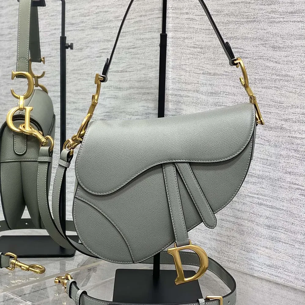 Dior Saddle Bag with Strap Stone Gray Grained Calfskin for Women