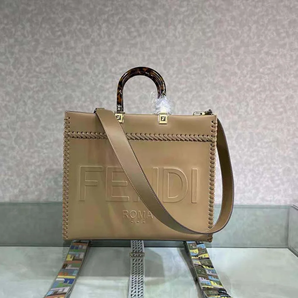 Fendi Sunshine Medium Brown Leather Shopper with Decorative Stitching for Women