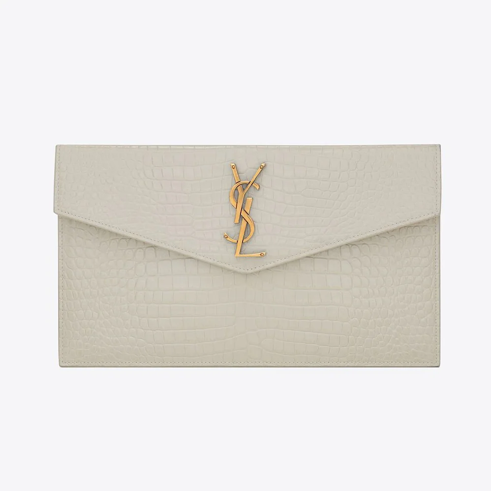 Saint Laurent YSL Uptown Pouch in Crocodile Embossed Shiny Leather for Women in Gold Saint Laurent YSL Uptown Pouch in Crocodile Embossed Shiny Leather for Women in Gold