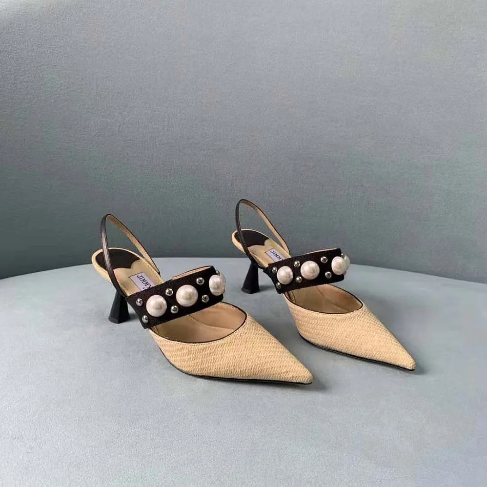 Jimmy Choo Breslin 100 Natural Raffia Slingbacks with Pearl and Stud Embellishment for Women