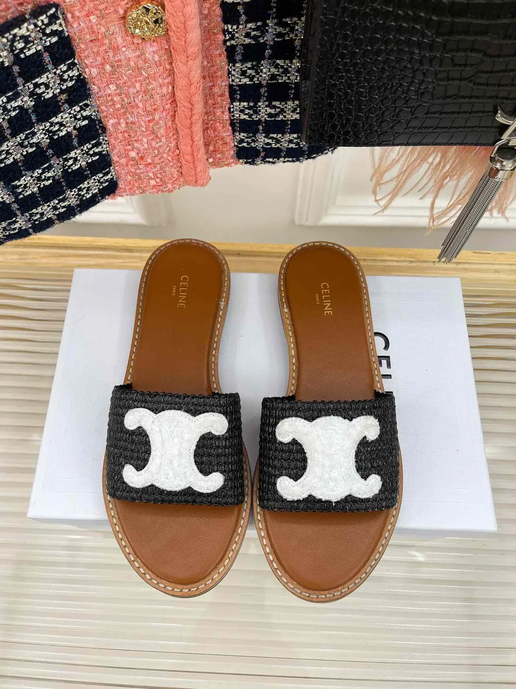 Celine Lympia Flat In Raffia Black
