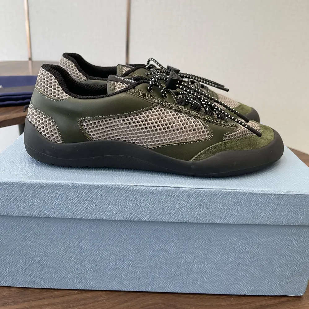Prada Speedrock Leather And Mesh Fabric Sneakers for Unisex in Dark Green