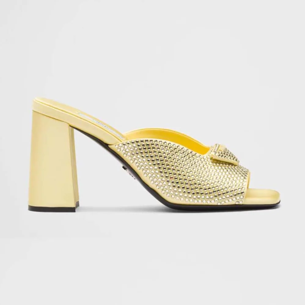 Prada High-Heeled Satin Slides with Crystals for Women in Yellow