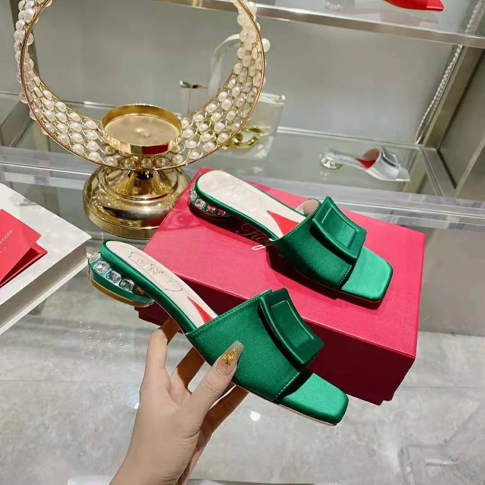 Roger Vivier Strass Heel Covered Buckle Mules in Satin for Women in Green Roger Vivier Strass Heel Covered Buckle Mules in Satin for Women in Green