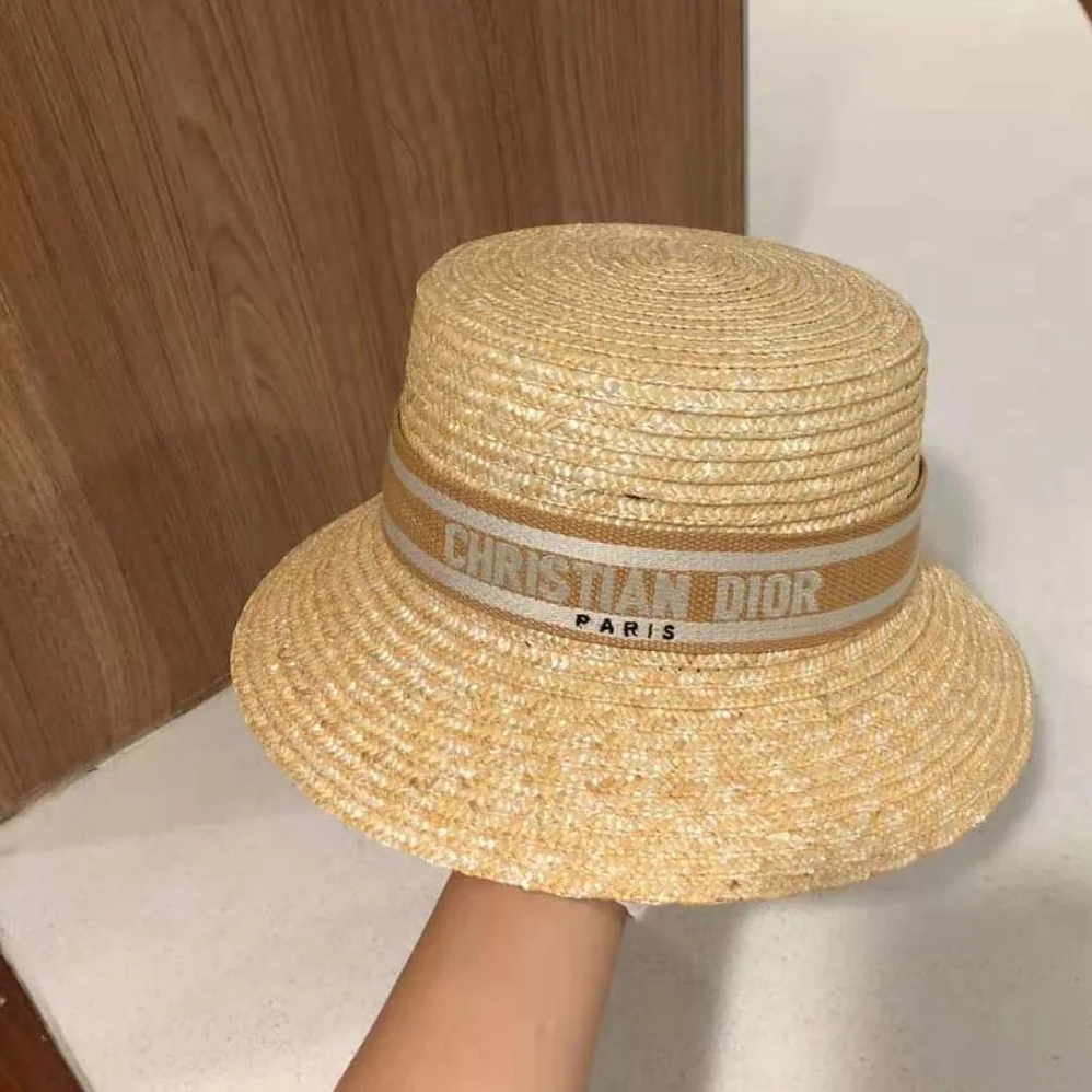 Dior Dioresort Small Brim Hat Natural Straw and Pink Embroidered Band for Women