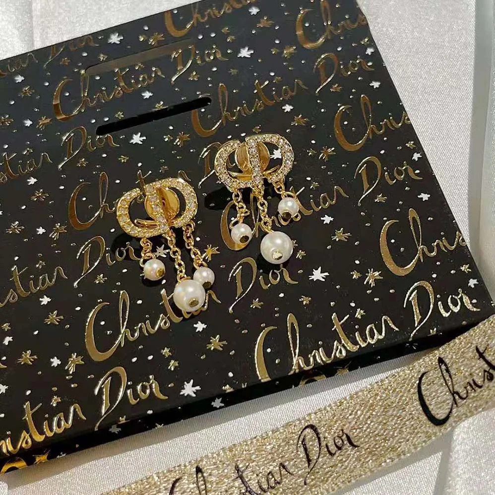 Dior Petit CD Earrings Gold-Finish Metal with White Resin Pearls and White Crystals for Women Dior Petit CD Earrings Gold-Finish Metal with White Resin Pearls and White Crystals for Women