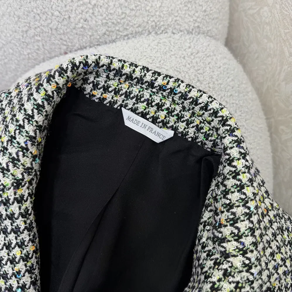 Dior Bar Jacket Black and White Houndstooth Virgin Wool Blend with Multicolor Sequins for Women