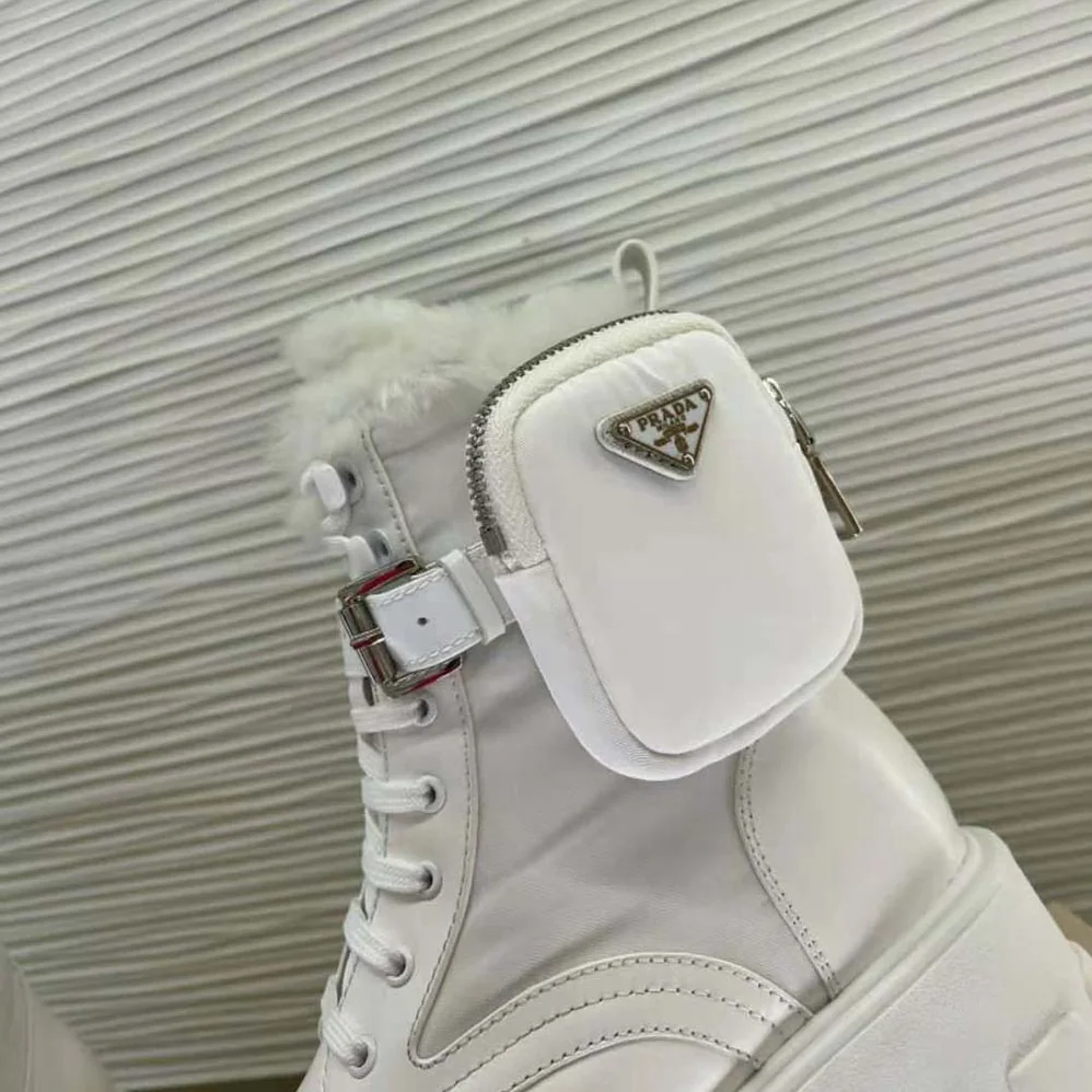 Prada Monolith Leather and Nylon Biker Boots for Women in White