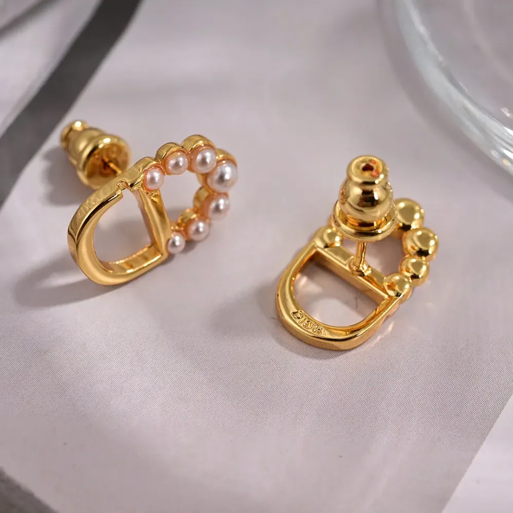 Dior Petit CD Mini Stud Earrings Gold-Finish Metal and White Resin Pearls for Women