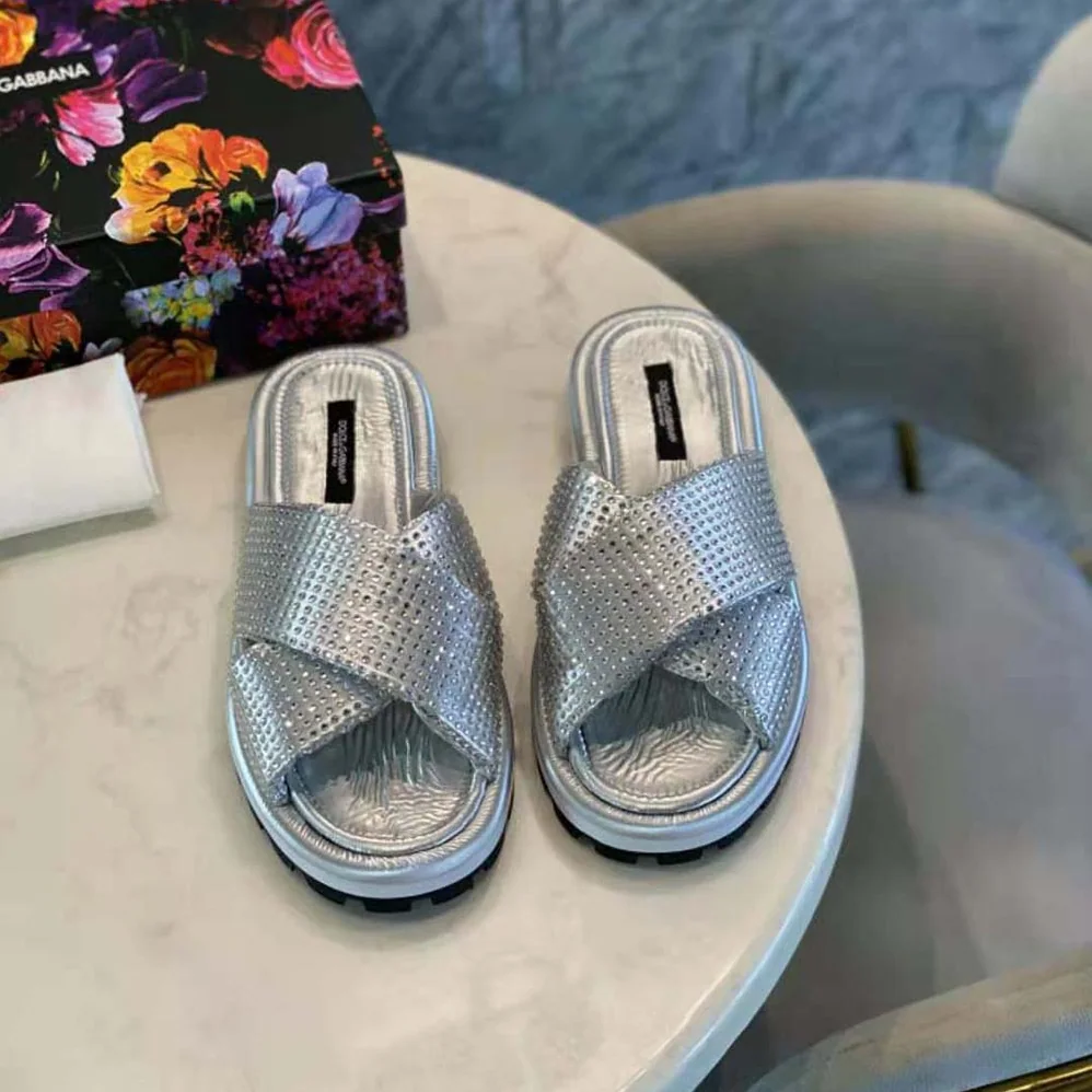 Dolce Gabbana D&G Padded Nylon Sliders with Fusible Rhinestones for Women Dolce Gabbana D&G Padded Nylon Sliders with Fusible Rhinestones for Women