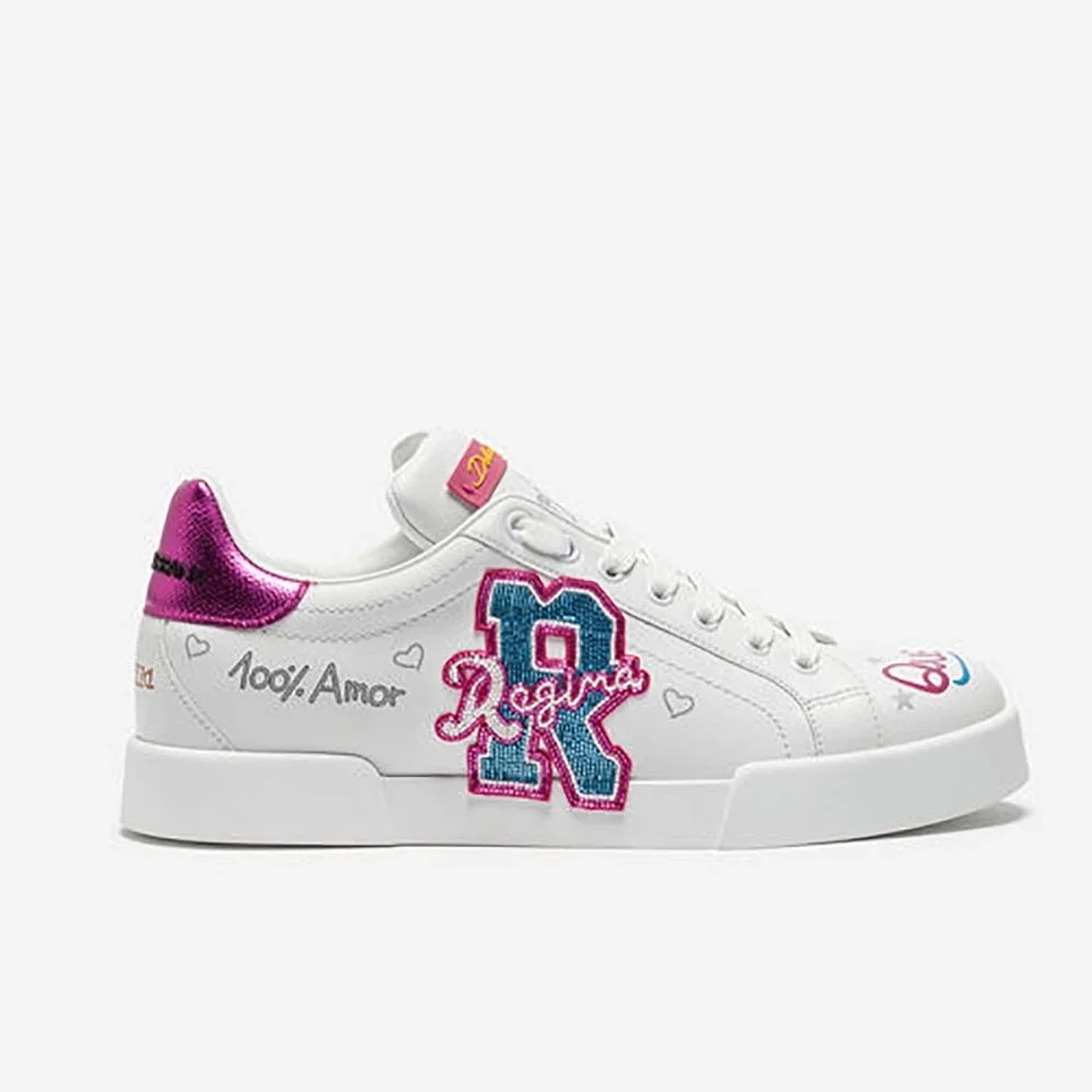 Dolce Gabbana D&G Shoes Calfskin Sneakers with Embroidered Patc for Women