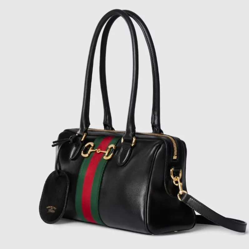 Gucci Borsetto Medium Boston Shoulder Bag in Black Gold Hardware