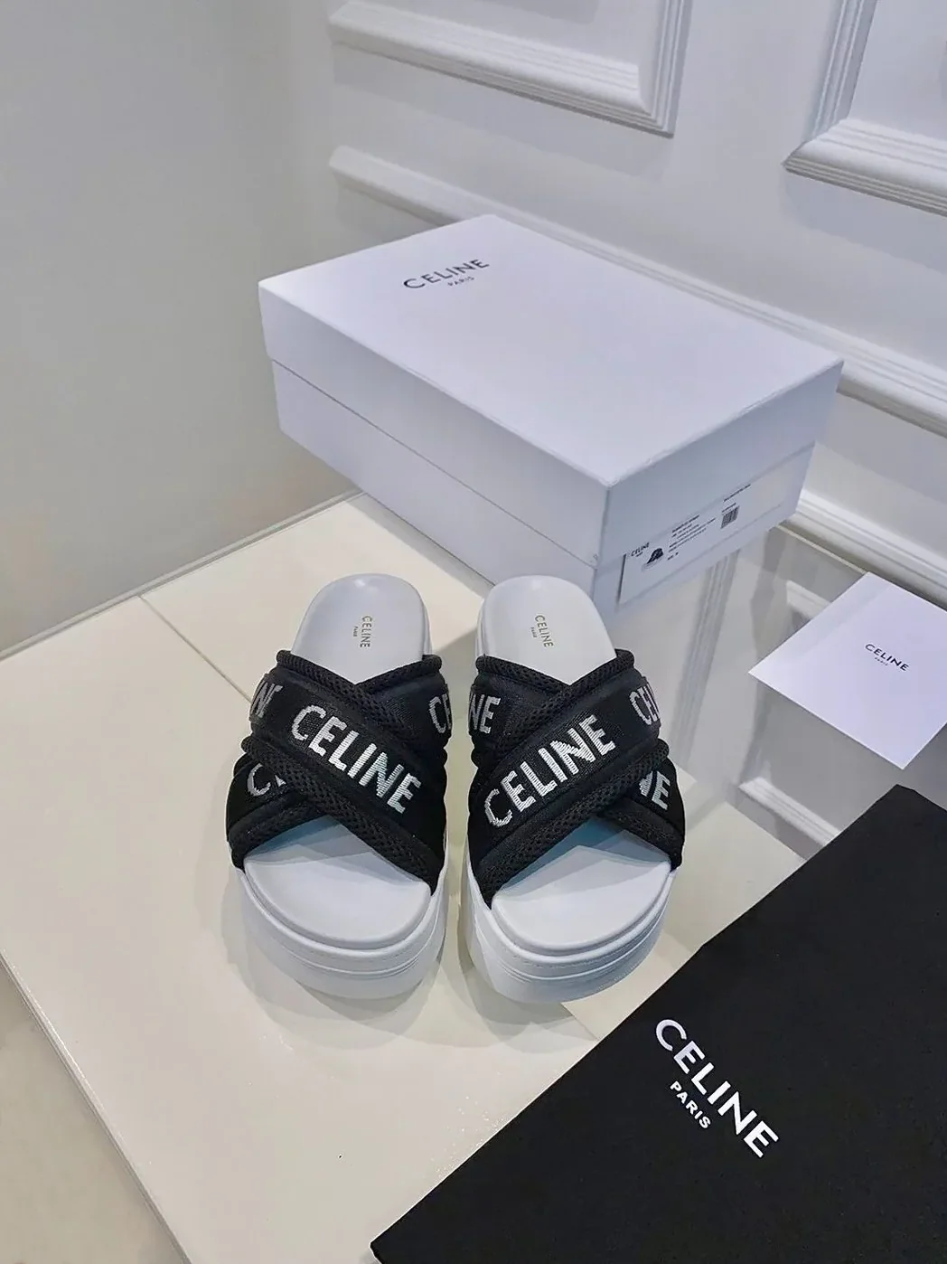 Celine Block Slide In Mesh And Textile With Celine Jacquard White Celine Block Slide In Mesh And Textile With Celine Jacquard White