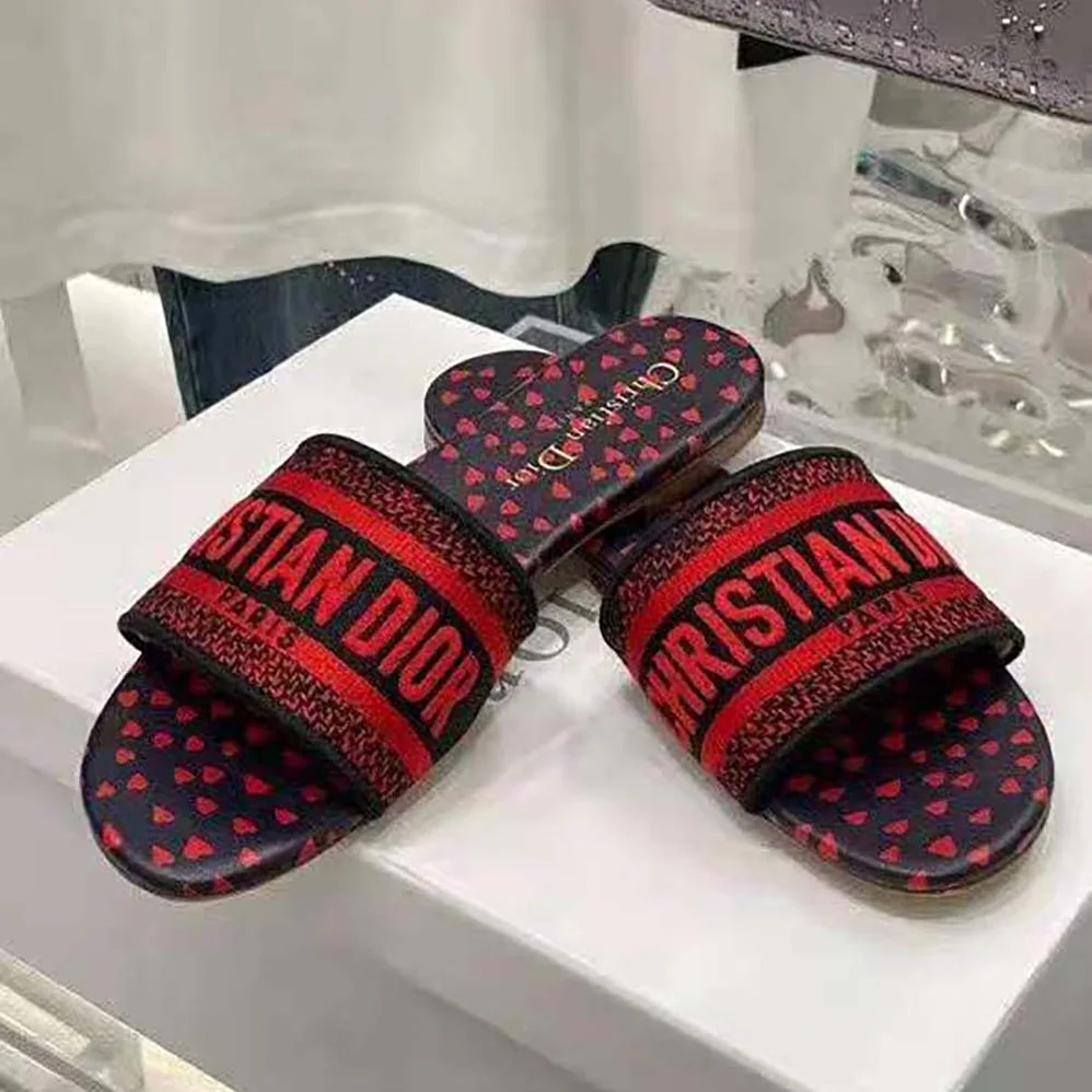 Dior Dway Slide Navy Blue and Red Hearts I Love Paris Embroidered Cotton for Women Dior Dway Slide Navy Blue and Red Hearts I Love Paris Embroidered Cotton for Women