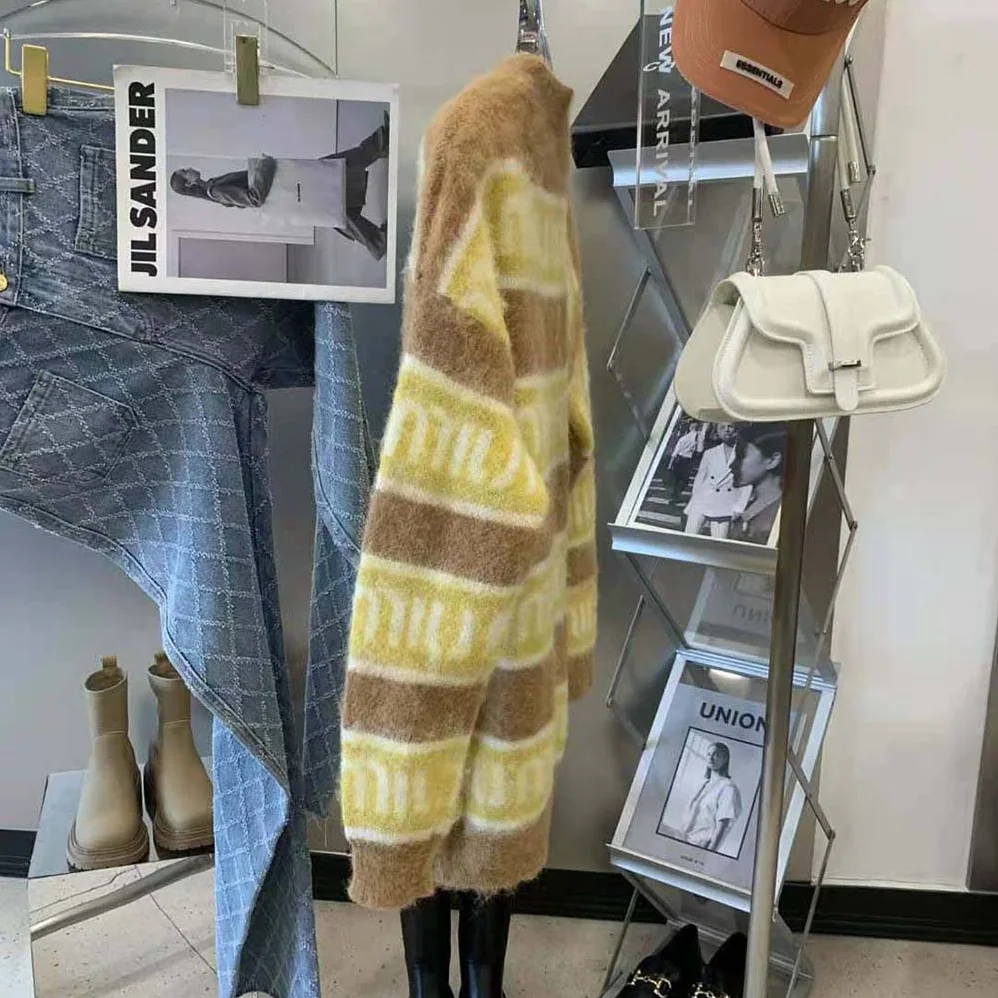 Miu Miu Oversized Mohair Cardigan with Intarsia Logo for Women in Yellow