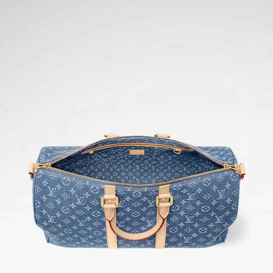 Louis Vuitton Keepall Bandouliere 45 Travel Bag in Blue Denim Gold Hardware Louis Vuitton Keepall Bandouliere 45 Travel Bag in Blue Denim Gold Hardware