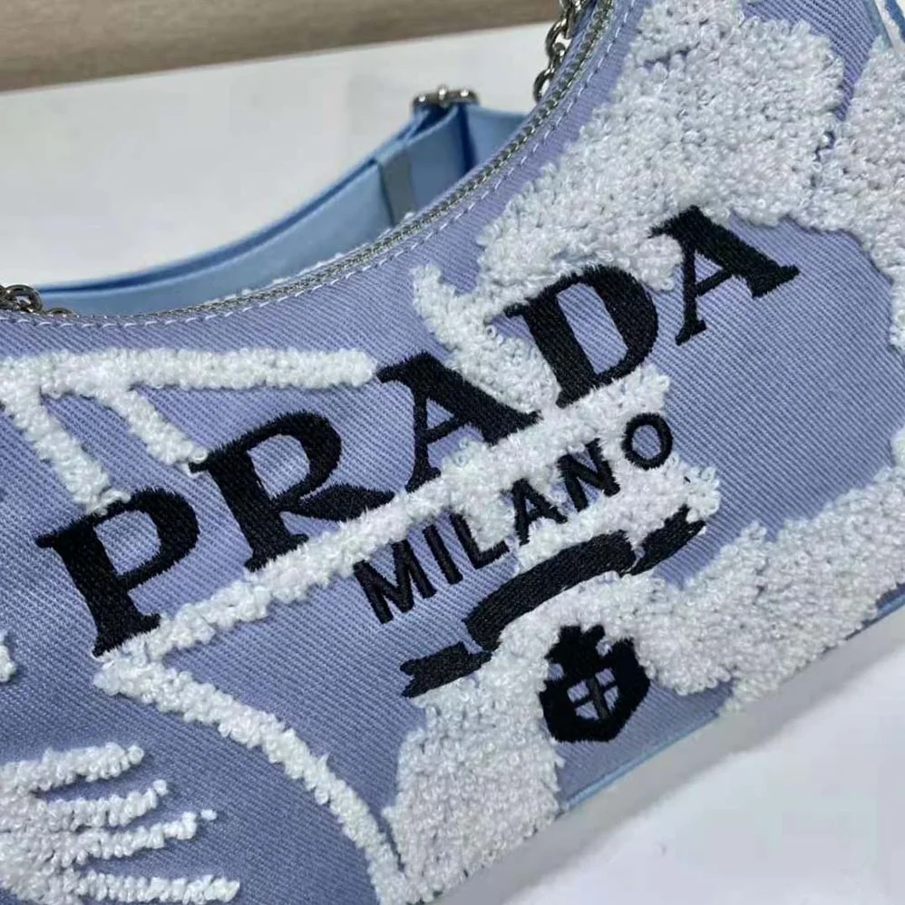 Prada Re-Edition 2006 Embroidered Drill Shoulder Bag for Women in Blue