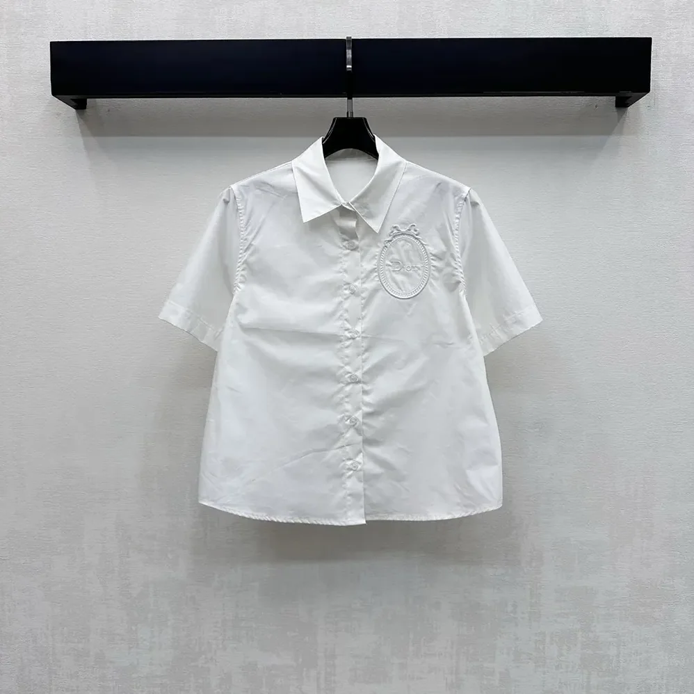 Dior Médaillon Embroidered Short-Sleeved Blouse White Cotton Poplin for Women