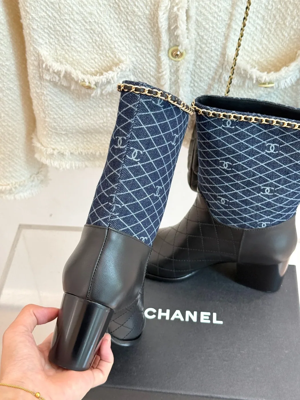 Chanel Double C Chunky Heel Boots With Chain Detail Blue Denim Chanel Double C Chunky Heel Boots With Chain Detail Blue Denim