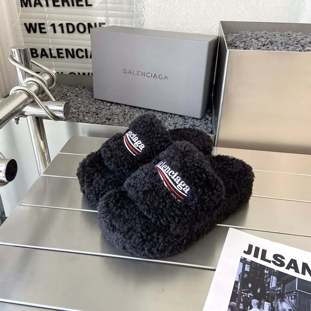 Balenciaga Furry Platform Sandal in Black Fake Shearling for Women Balenciaga Furry Platform Sandal in Black Fake Shearling for Women