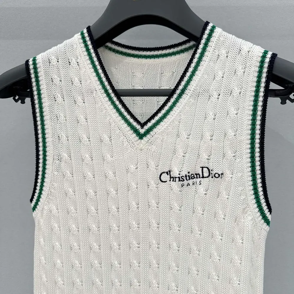 Dior Vibe Sweater Vest Ecru Black and Pine Green Cotton and Silk Cable Knit for Women Dior Vibe Sweater Vest Ecru Black and Pine Green Cotton and Silk Cable Knit for Women