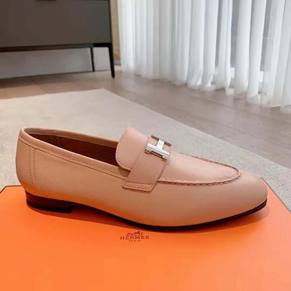 Hermes Paris Loafer in Goatskin with Palladium-Plated Signature “H” Detail for Women in Pink Hermes Paris Loafer in Goatskin with Palladium-Plated Signature “H” Detail for Women in Pink
