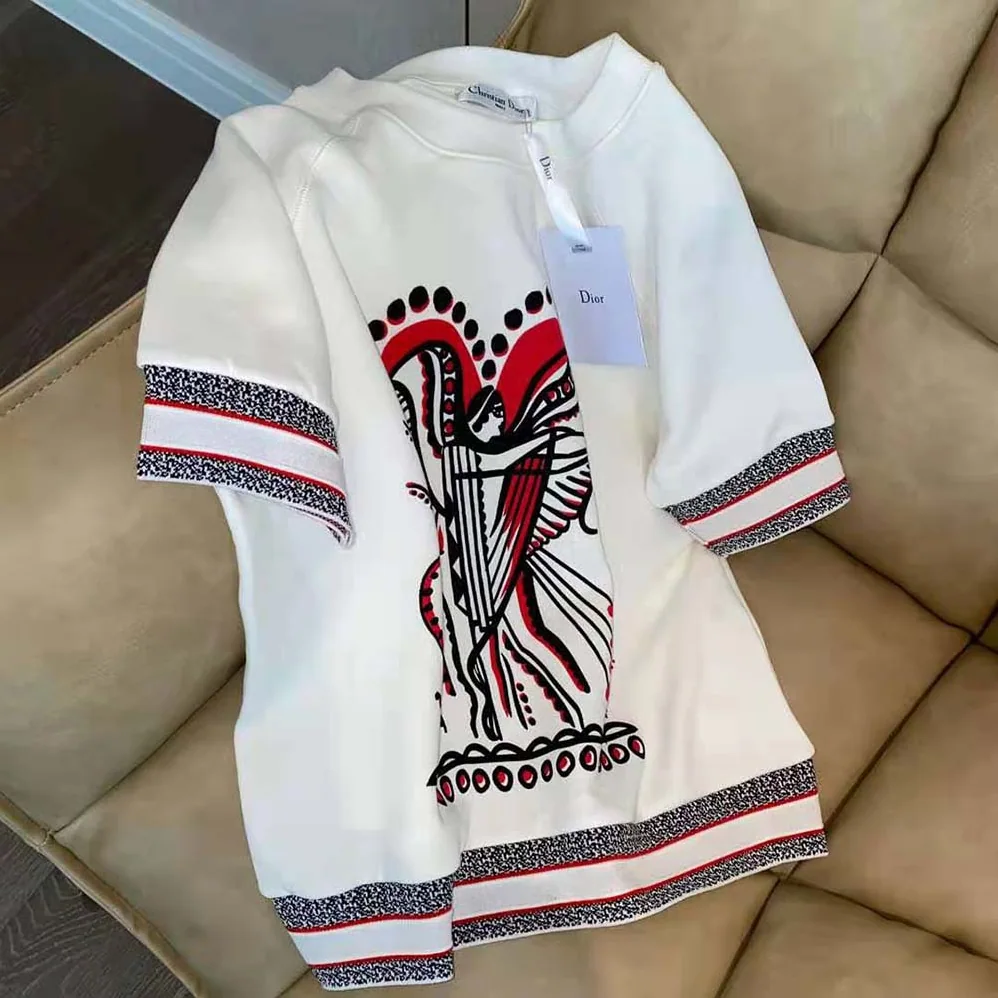 Dior Short-Sleeved Sweatshirt White Cotton Jersey with Multicolor Cupidon Motif for Women