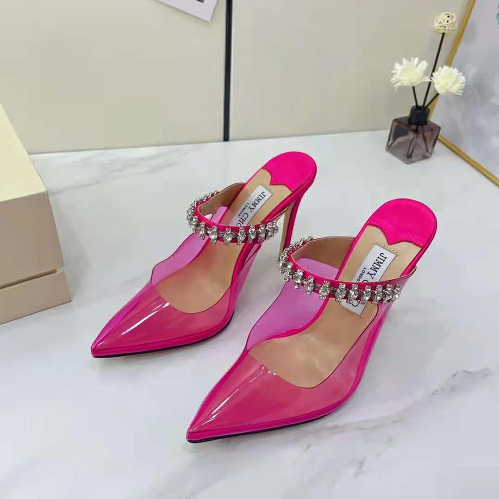 Jimmy Choo Bing 100 Hot Pink Neon Plexi Mules with Pink Crystal Strap for Women Jimmy Choo Bing 100 Hot Pink Neon Plexi Mules with Pink Crystal Strap for Women