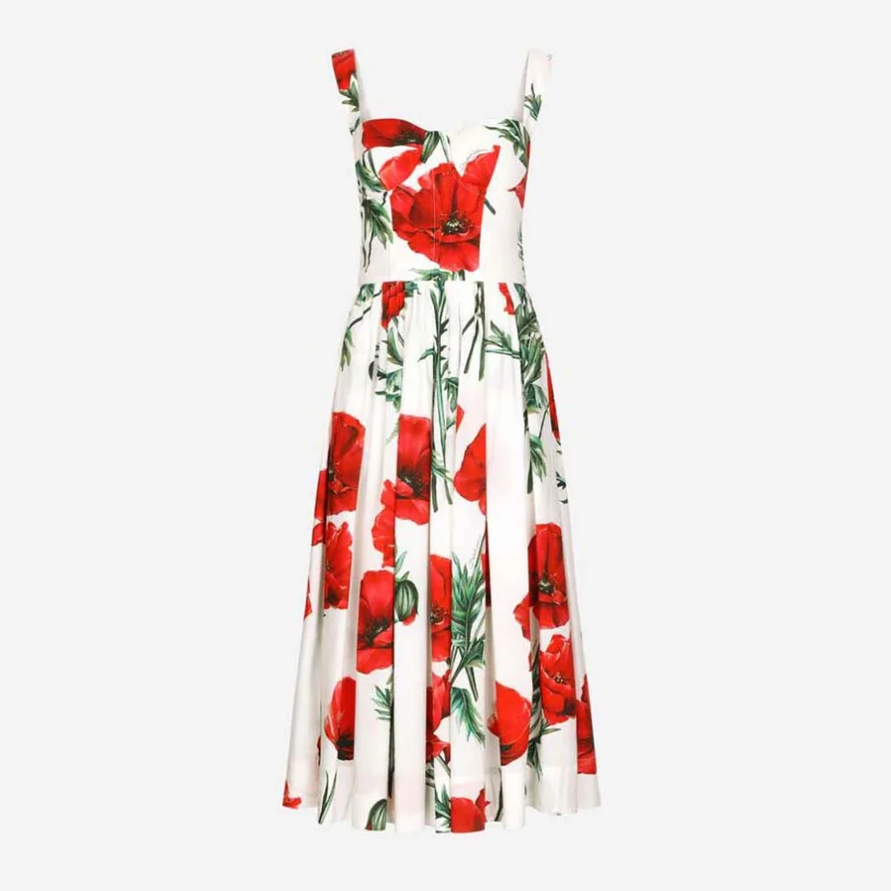 Dolce Gabbana D&G Poppy-Print Poplin Dress with Circle Skirt for Women