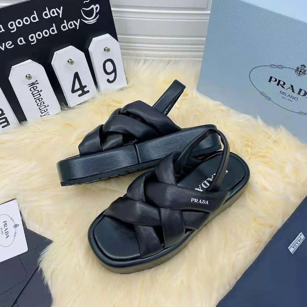 Prada Nappa Leather Flatform Sandals for Women in Black Prada Nappa Leather Flatform Sandals for Women in Black