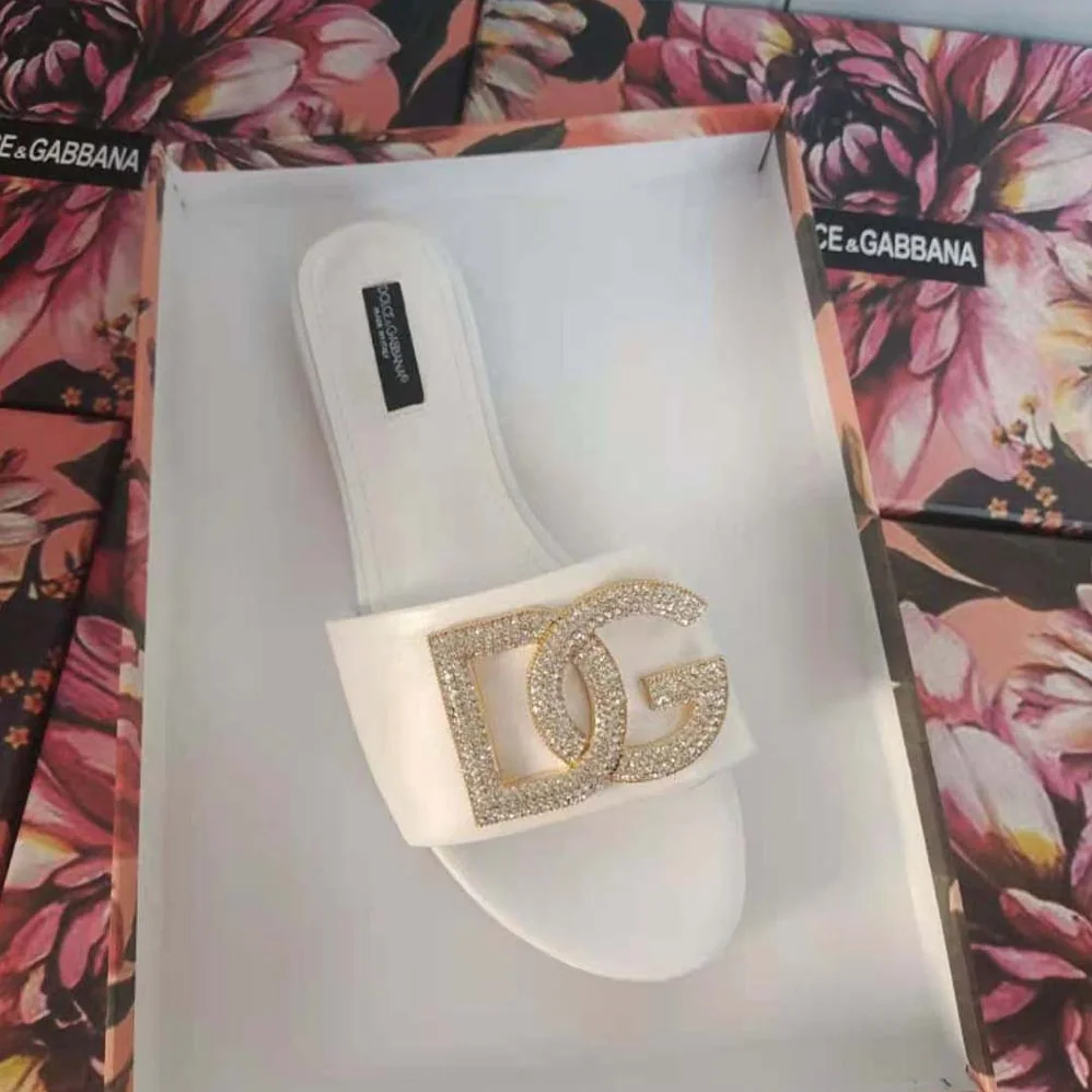Dolce Gabbana D&G Calfskin Slides with DG Logo for Women in White
