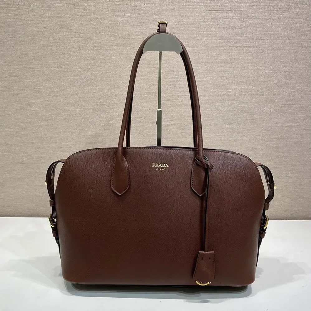 Prada Large Leather Tote Bag for Women in Dark Brown