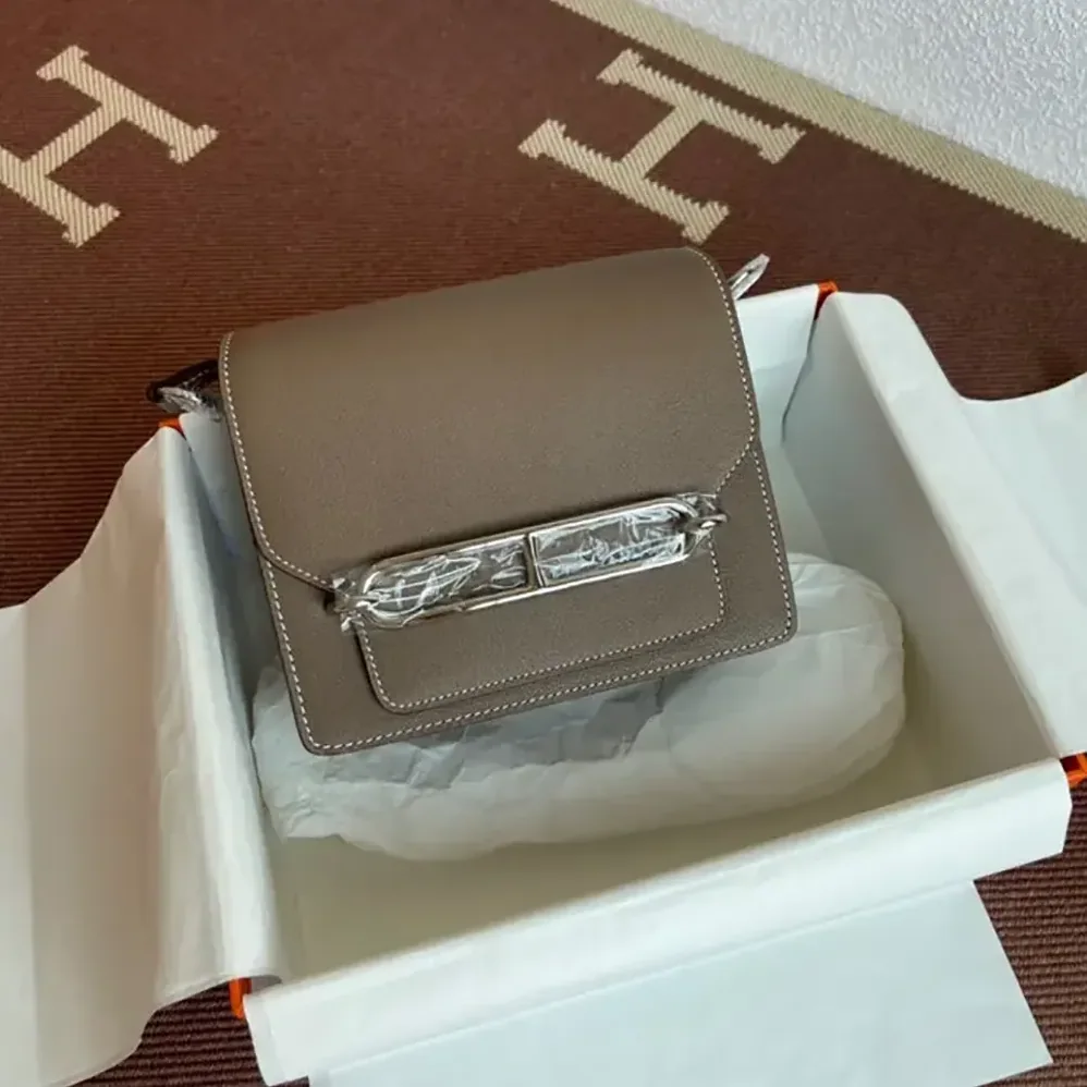Hermes Roulis Mini Bag in Evercolor Calfskin for Women in Gray/Silver Hermes Roulis Mini Bag in Evercolor Calfskin for Women in Gray/Silver