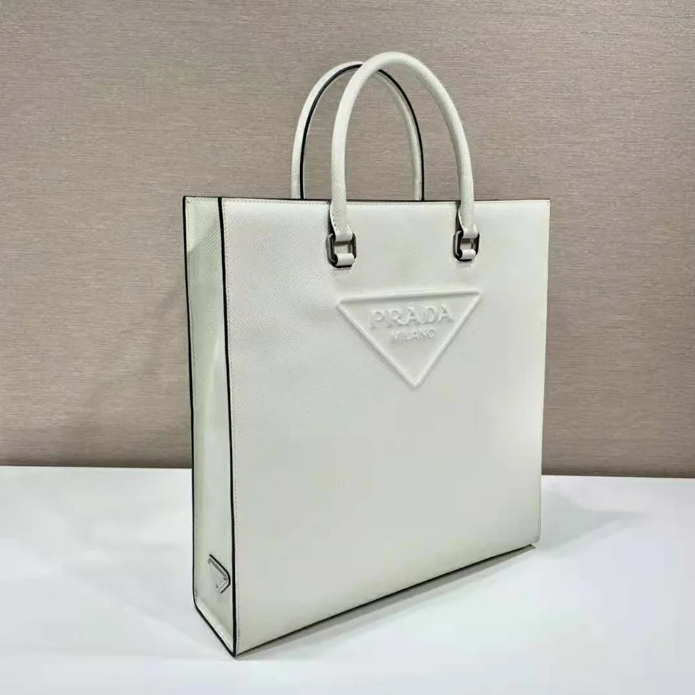 Prada Saffiano Leather Tote Bag with Sleek for Women in White Prada Saffiano Leather Tote Bag with Sleek for Women in White