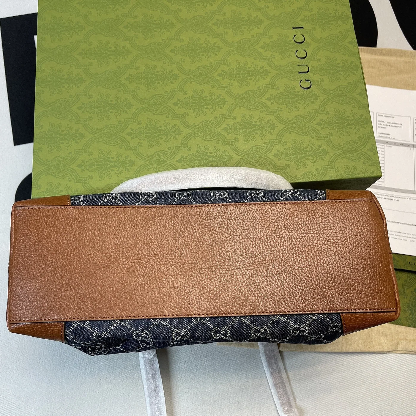 Gucci Ophidia GG Medium Tote Bag / Dark Blue/ Ivory Eco Washed Organic GG Jacquard Denim Gold Hardware Gucci Ophidia GG Medium Tote Bag / Dark Blue/ Ivory Eco Washed Organic GG Jacquard Denim Gold Hardware