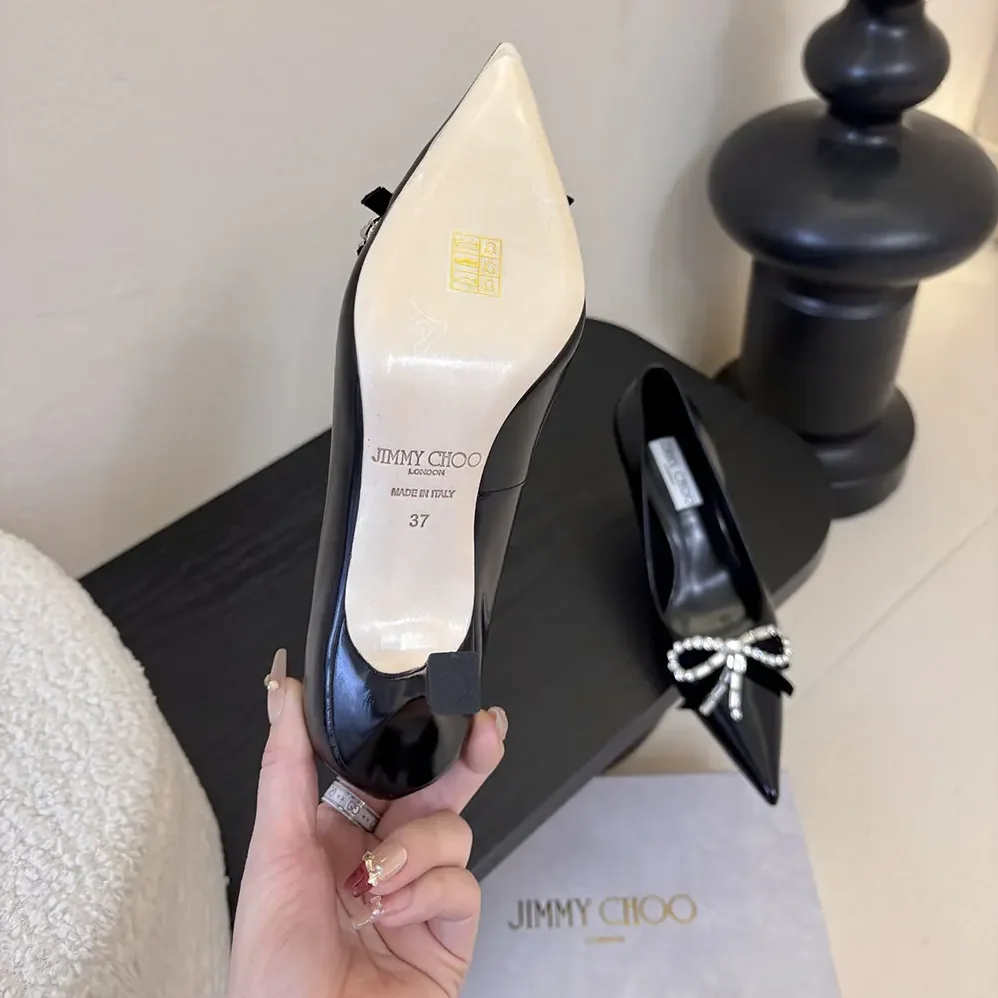 Jimmy Choo Auria 70mm Black Soft Spazzolato Pumps with Velvet and Crystal Bow for Women