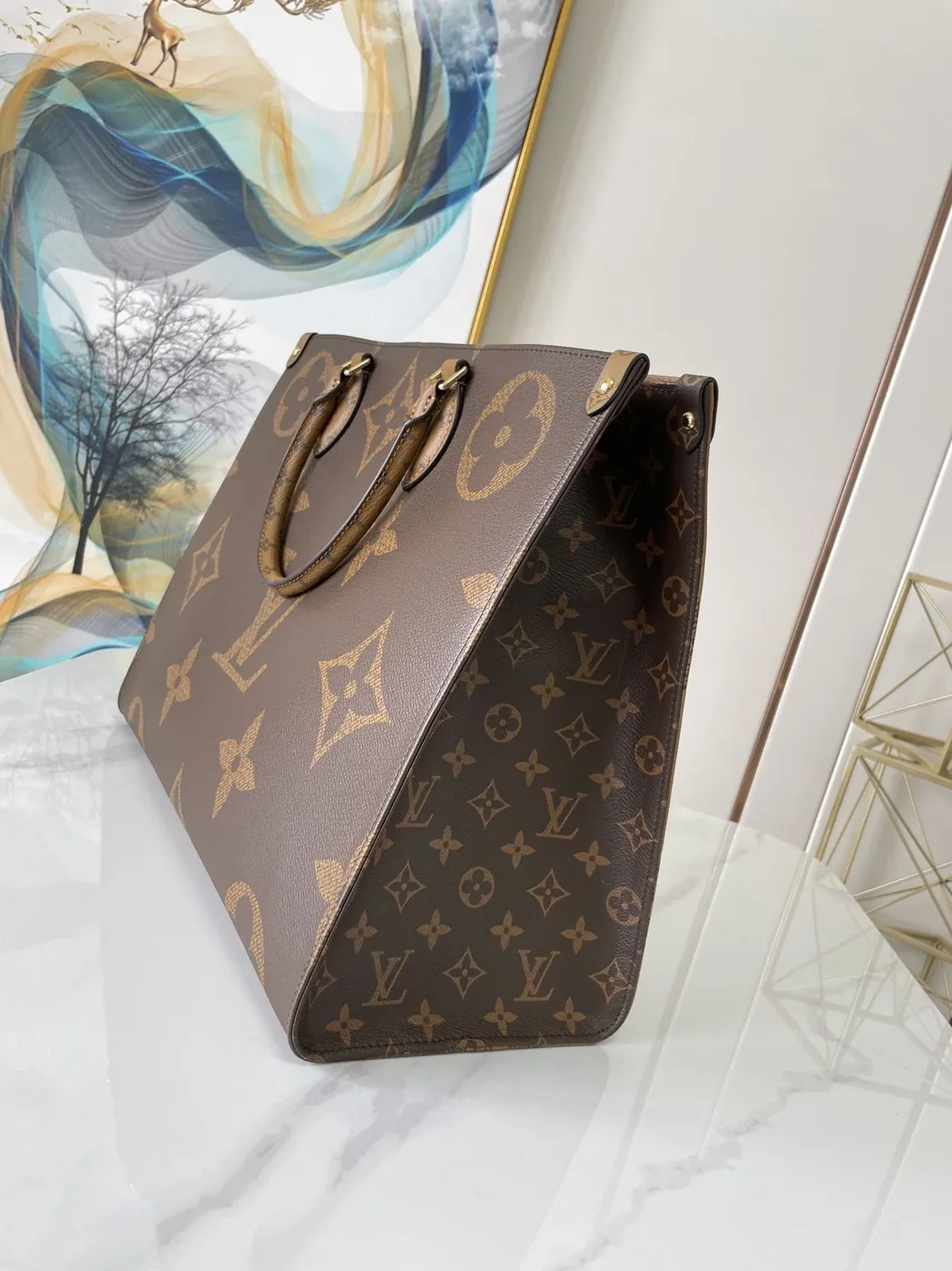 Louis Vuitton OnTheGo GM Tote Bag / Monogram Reverse Canvas Gold Hardware