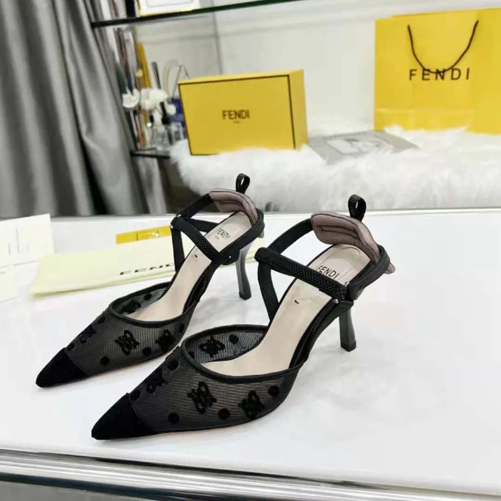 Fendi Colibri Lite High-Heeled Black Mesh and FF Karligraphy Slingbacks for Women Fendi Colibri Lite High-Heeled Black Mesh and FF Karligraphy Slingbacks for Women