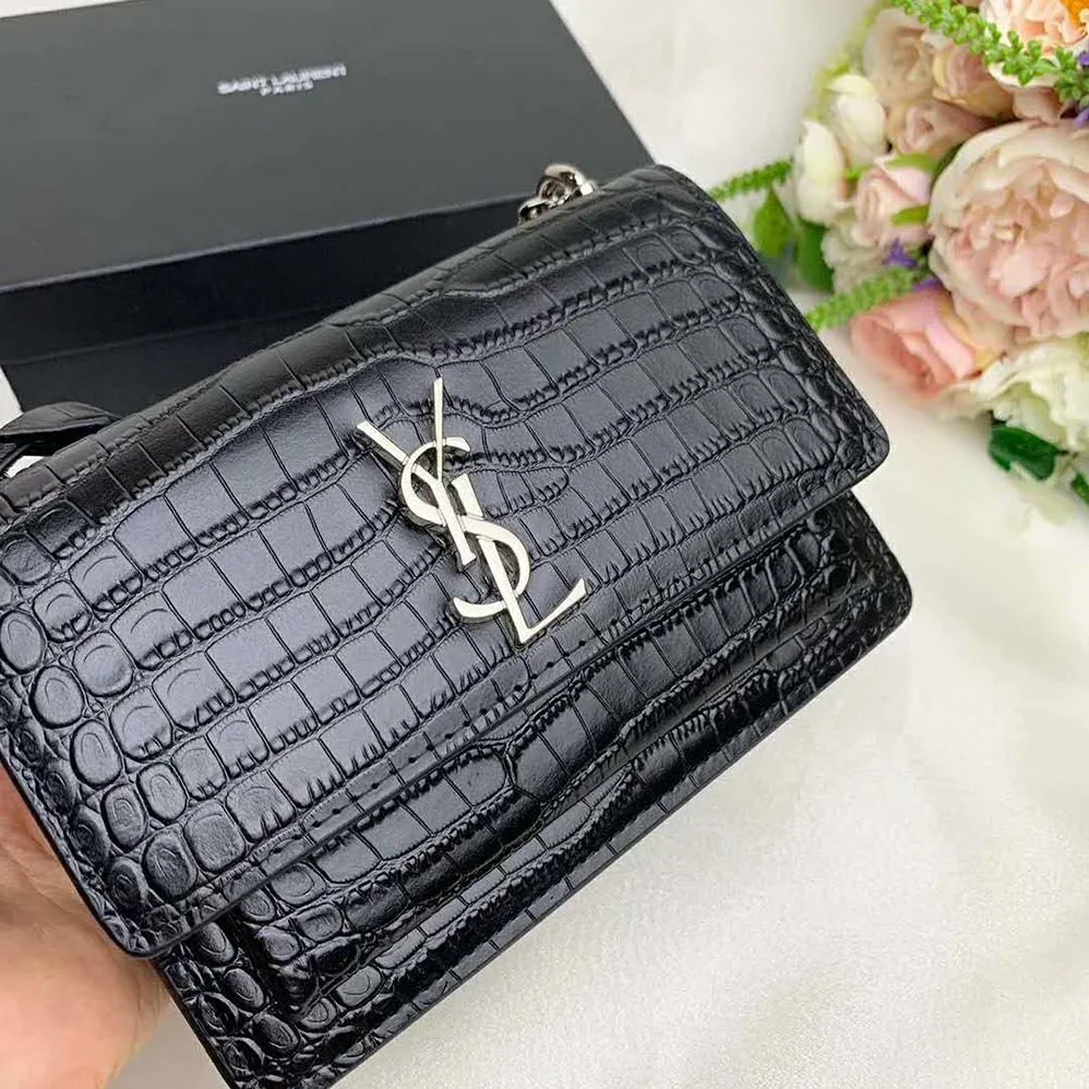 Saint Laurent YSL Sunset Medium Crocodile Embossed Shiny for Women in Black