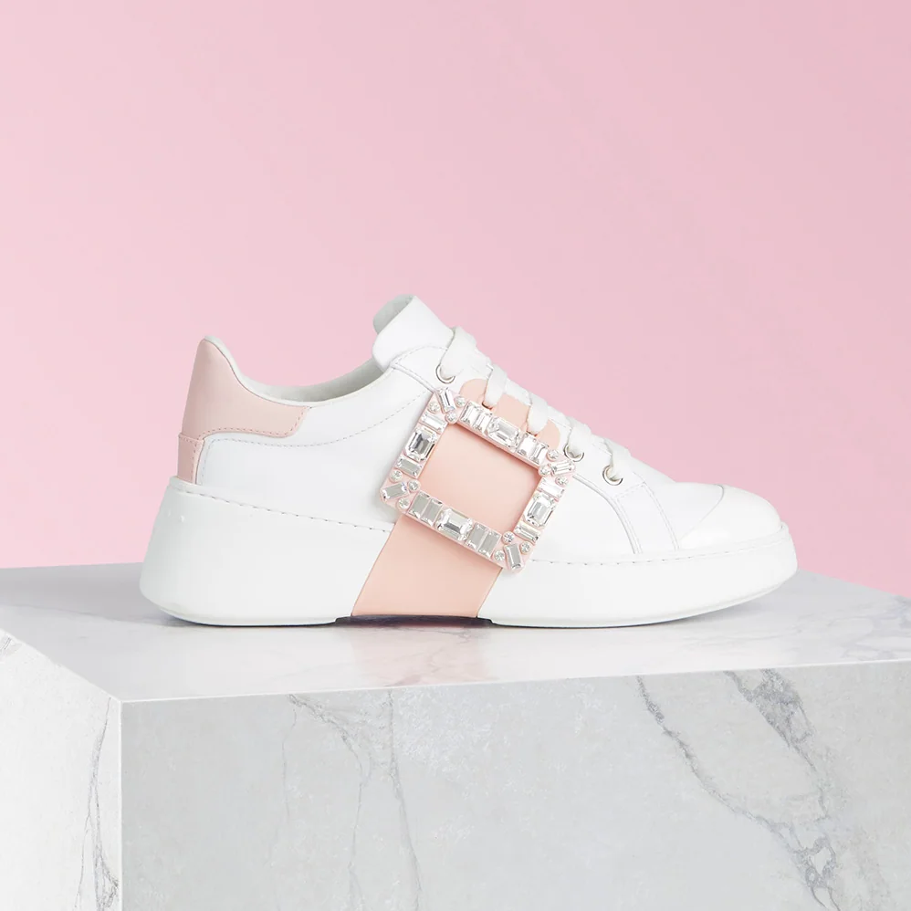 Roger Vivier Viv Skate Strass Buckle Sneakers in Soft Leather for Women in Pink Roger Vivier Viv Skate Strass Buckle Sneakers in Soft Leather for Women in Pink