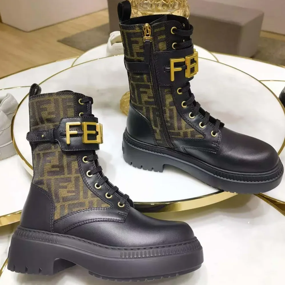 Fendi Fendigraphy Black Leather Biker Boots with Stretch Fabric for Women Fendi Fendigraphy Black Leather Biker Boots with Stretch Fabric for Women