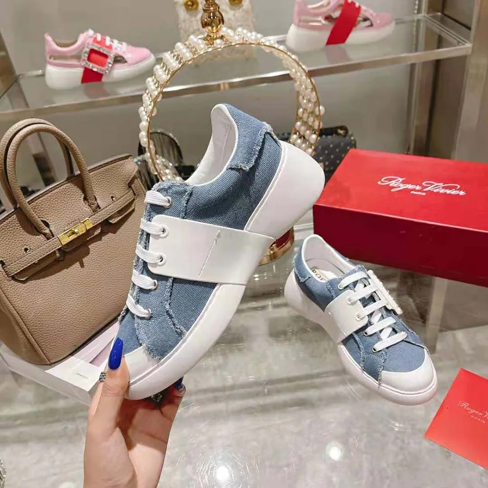 Roger Vivier Viv' Skate Strass Buckle Sneakers in Denim for Women