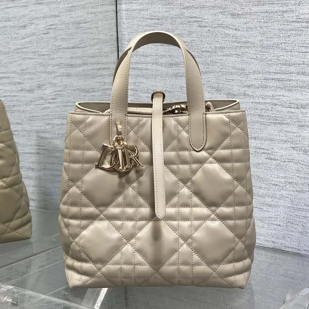Dior Medium Dior Toujours Vertical Tote Bag Powder Beige Macrocannage Calfskin for Women