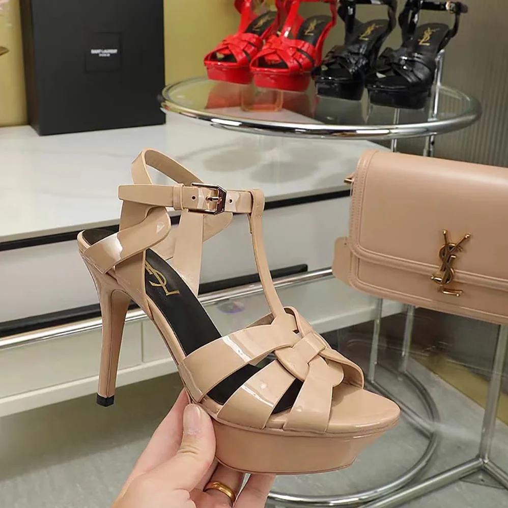 Saint Laurent YSL Tribute Platform Sandals in Smooth Leather for Women in Beige