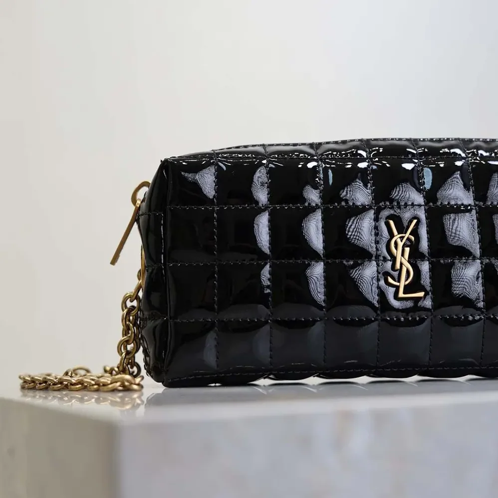 Saint Laurent YSL Cassandre Matelassé Carré Pouch On Chain In Shiny Canvas for Women in Black Saint Laurent YSL Cassandre Matelassé Carré Pouch On Chain In Shiny Canvas for Women in Black