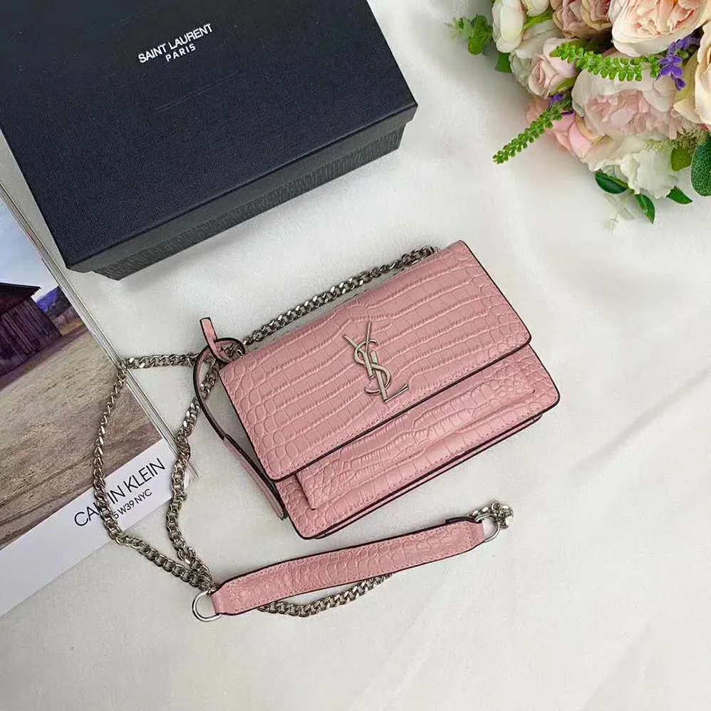 Saint Laurent YSL Sunset Medium Crocodile Embossed Shiny for Women in Pink Saint Laurent YSL Sunset Medium Crocodile Embossed Shiny for Women in Pink