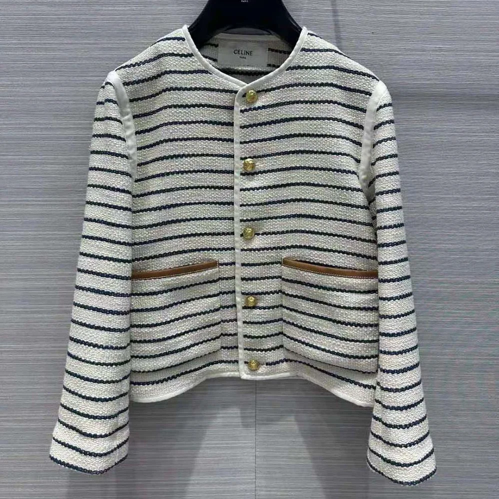 Celine Cardigan Jacket with Leather Details in Striped Cotton for Women Celine Cardigan Jacket with Leather Details in Striped Cotton for Women